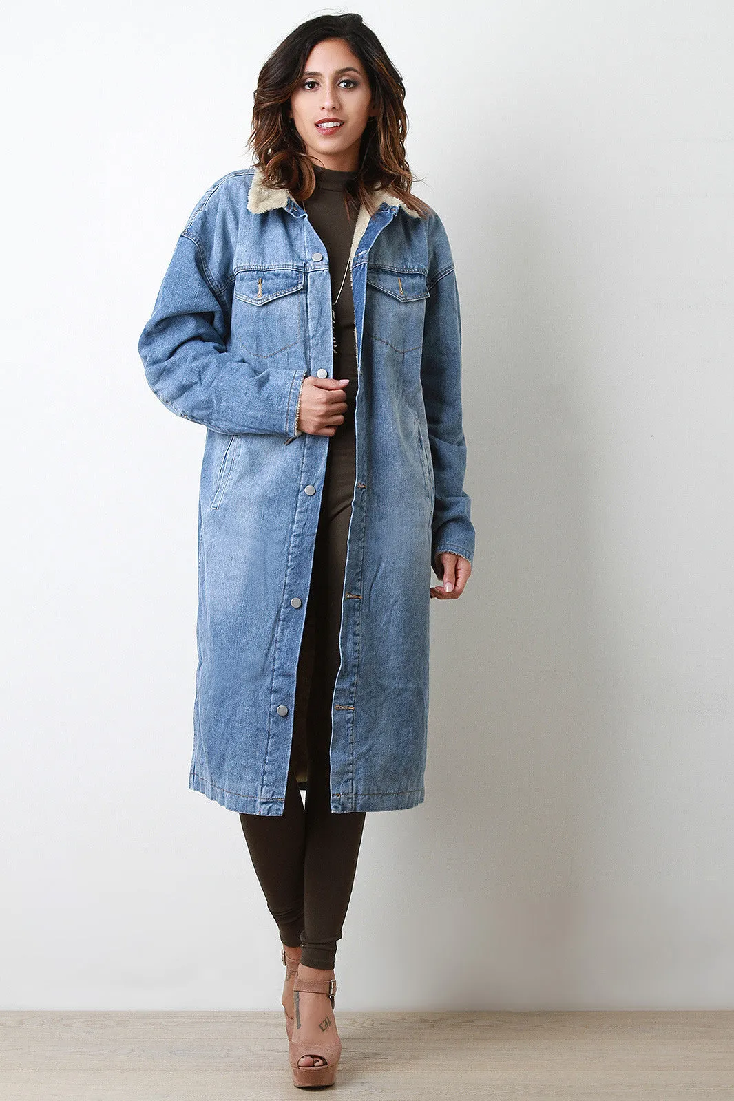 Denim Fur Lined Longline Jacket