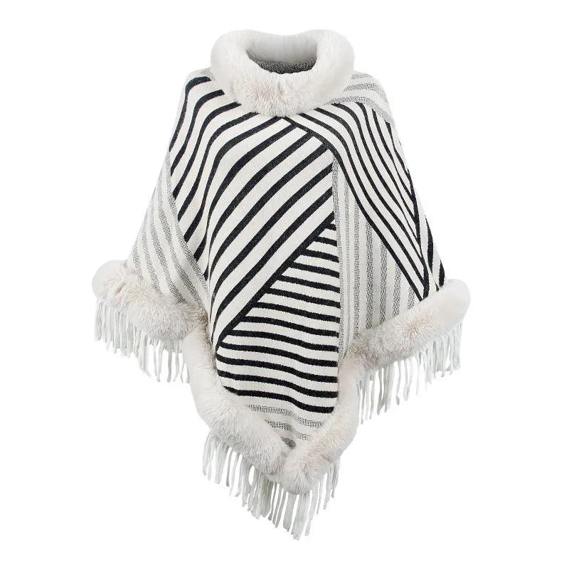 Drizzling Fur Collar Pullover Tassel Knitted Cape For Women