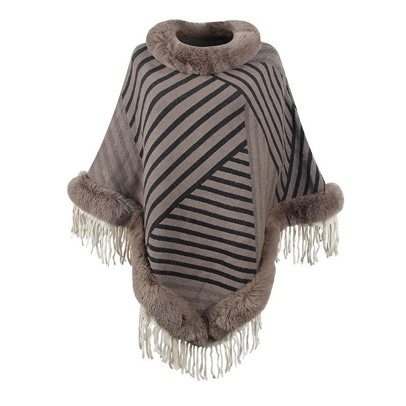 Drizzling Fur Collar Pullover Tassel Knitted Cape For Women