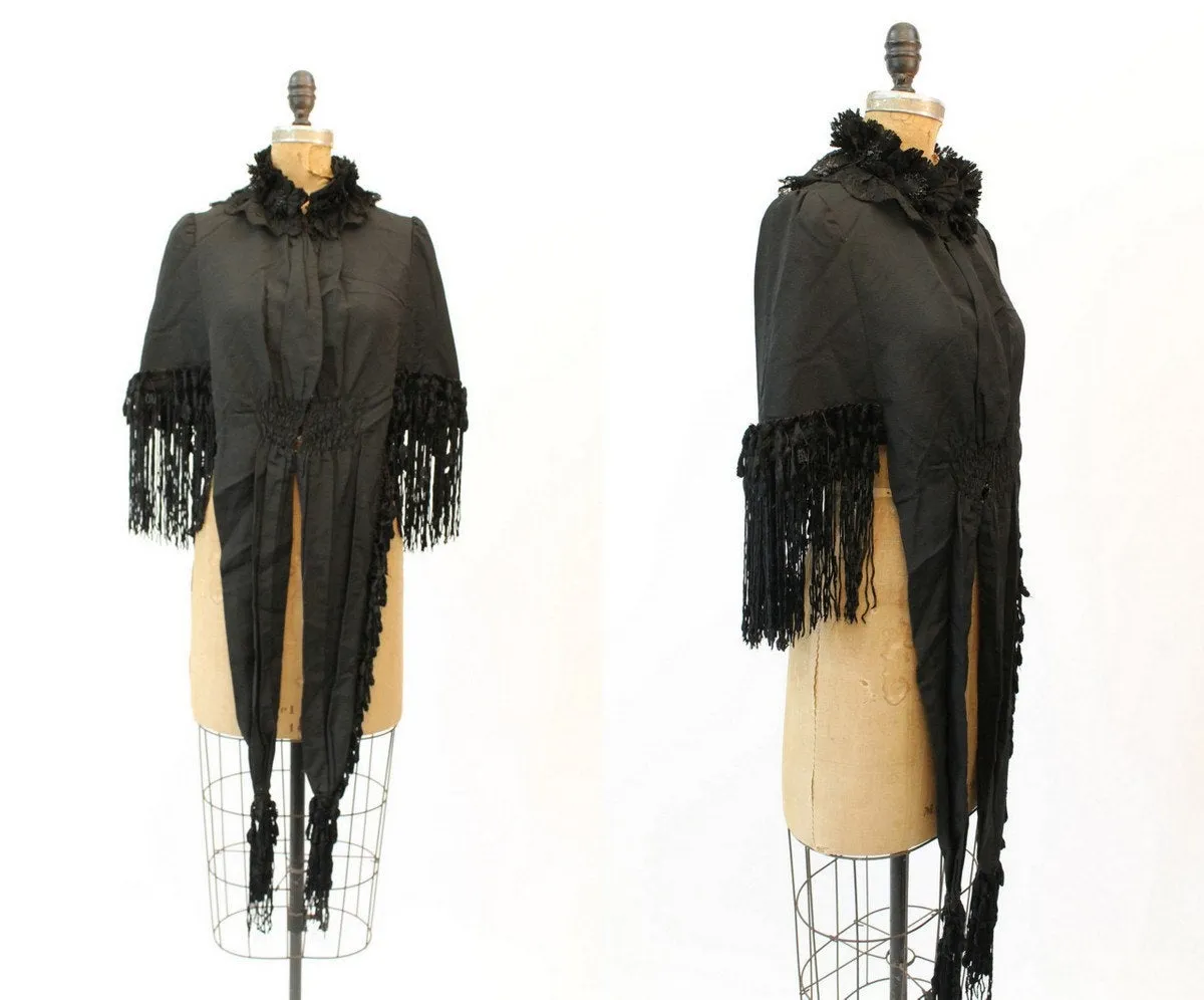 Edwardian mantle cape silk fur fringe antique xs small | new fall