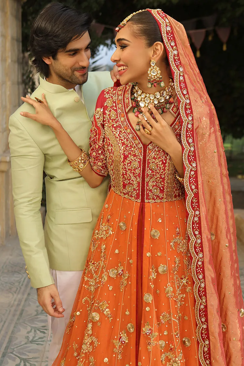 Embellished Pishwas in Orange Pakistani Mehndi Dresses