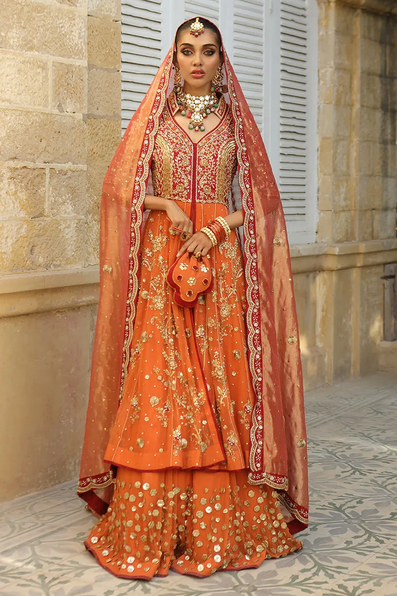 Embellished Pishwas in Orange Pakistani Mehndi Dresses