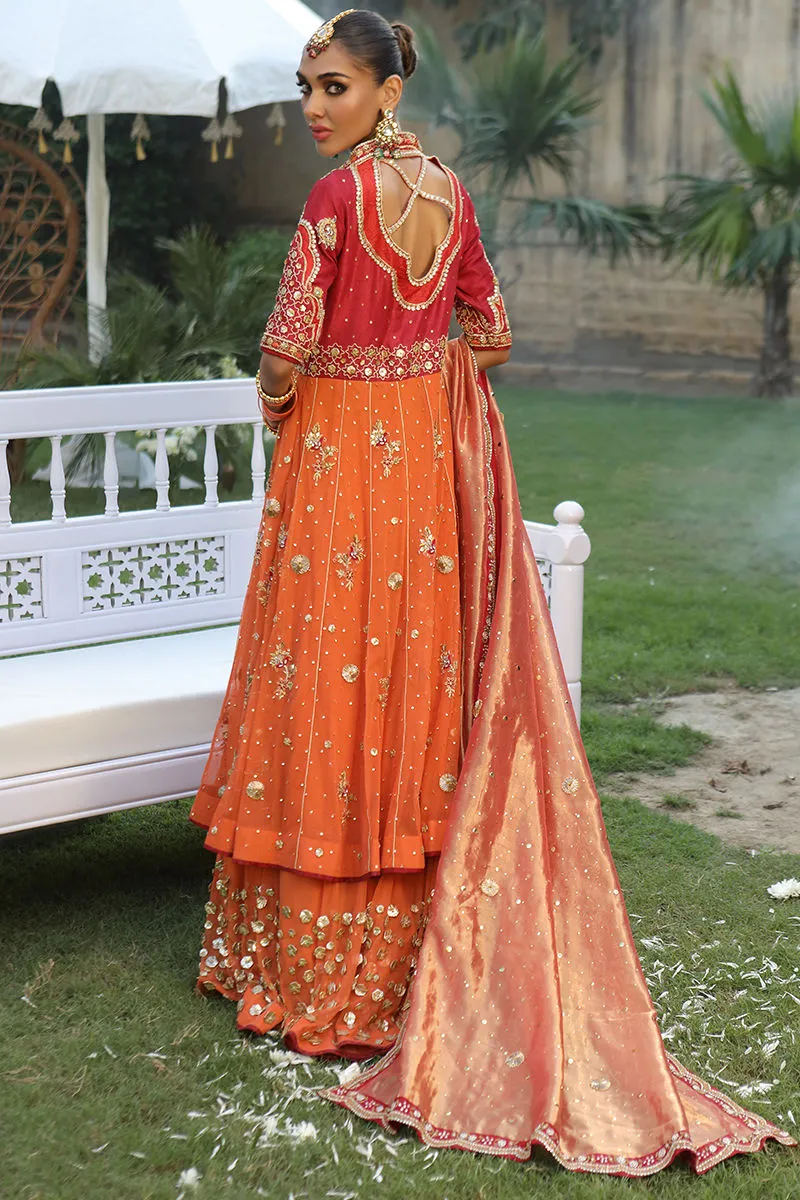 Embellished Pishwas in Orange Pakistani Mehndi Dresses