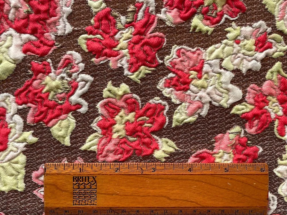 Embossed Lush Crimson Blooms on Coppery Chocolate Polyester Blend Brocade (Made in Italy)