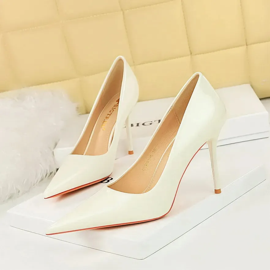 Fashionable high heels patent leather shallow mouthed pointed womens shoes high heels single shoes womens free shipping