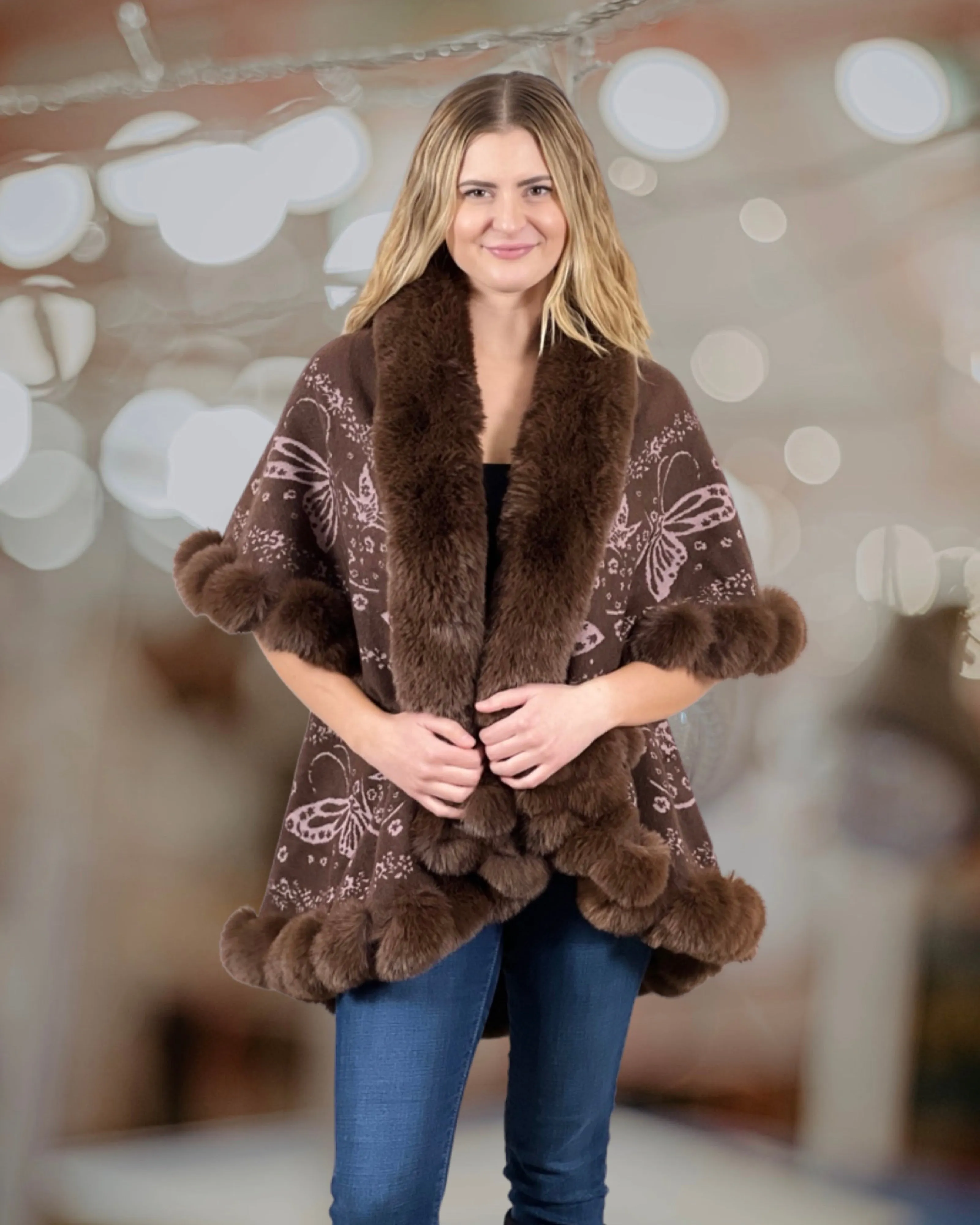 Faux Fur Trim Kimono Knitted Cape with butterfly jacquard pattern Autumn Winter Imitation Rabbit Fur Collar Windproof Cloak Boho Style  Fur Collar Shawl Warm Cardigan - Cocoa