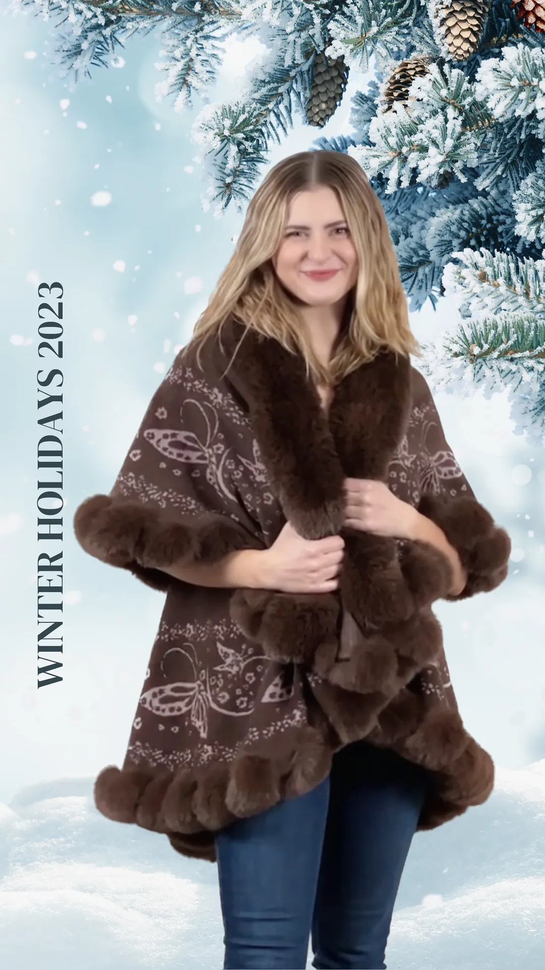 Faux Fur Trim Kimono Knitted Cape with butterfly jacquard pattern Autumn Winter Imitation Rabbit Fur Collar Windproof Cloak Boho Style  Fur Collar Shawl Warm Cardigan - Cocoa