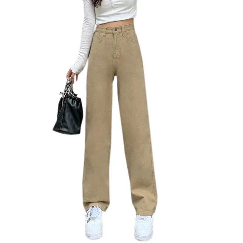 Female New Cover Pear-Shaped High-Waisted Khaki Wide-Legged Jeans