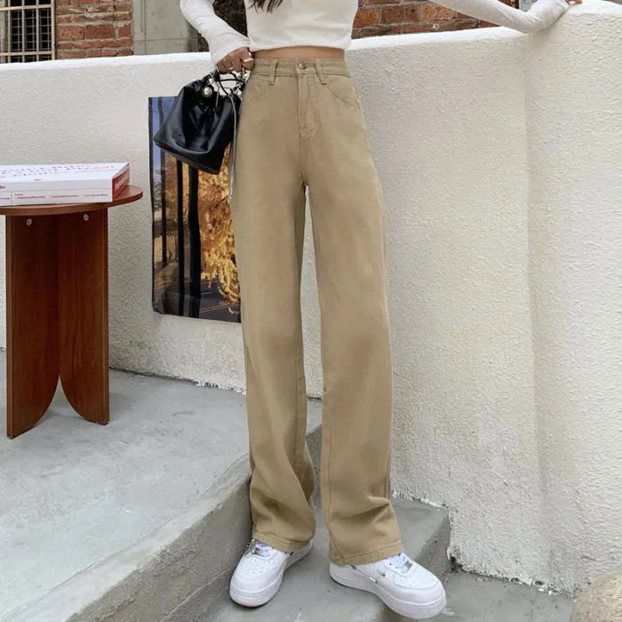 Female New Cover Pear-Shaped High-Waisted Khaki Wide-Legged Jeans