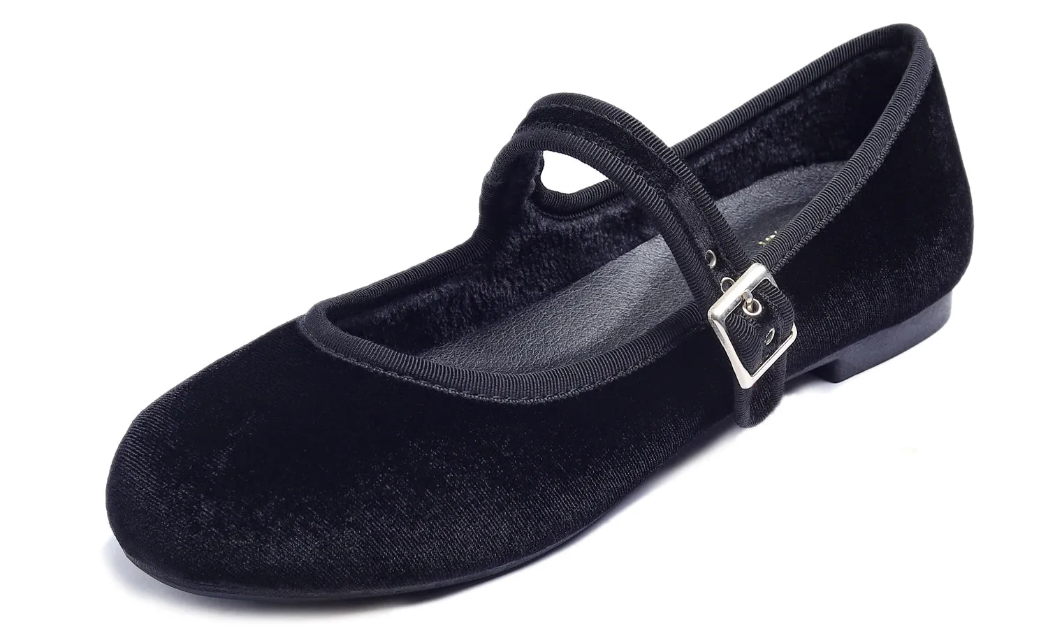 Feversole Women's Soft Cushion Extra Padded Comfort Round Toe Mary Jane Metal Buckle Fashion Ballet Flats Walking Shoes Black Velvet