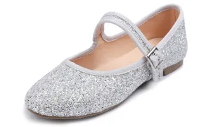 Feversole Women's Soft Cushion Extra Padded Comfort Round Toe Mary Jane Metal Buckle Fashion Ballet Flats Walking Shoes Ice Silver Glitter