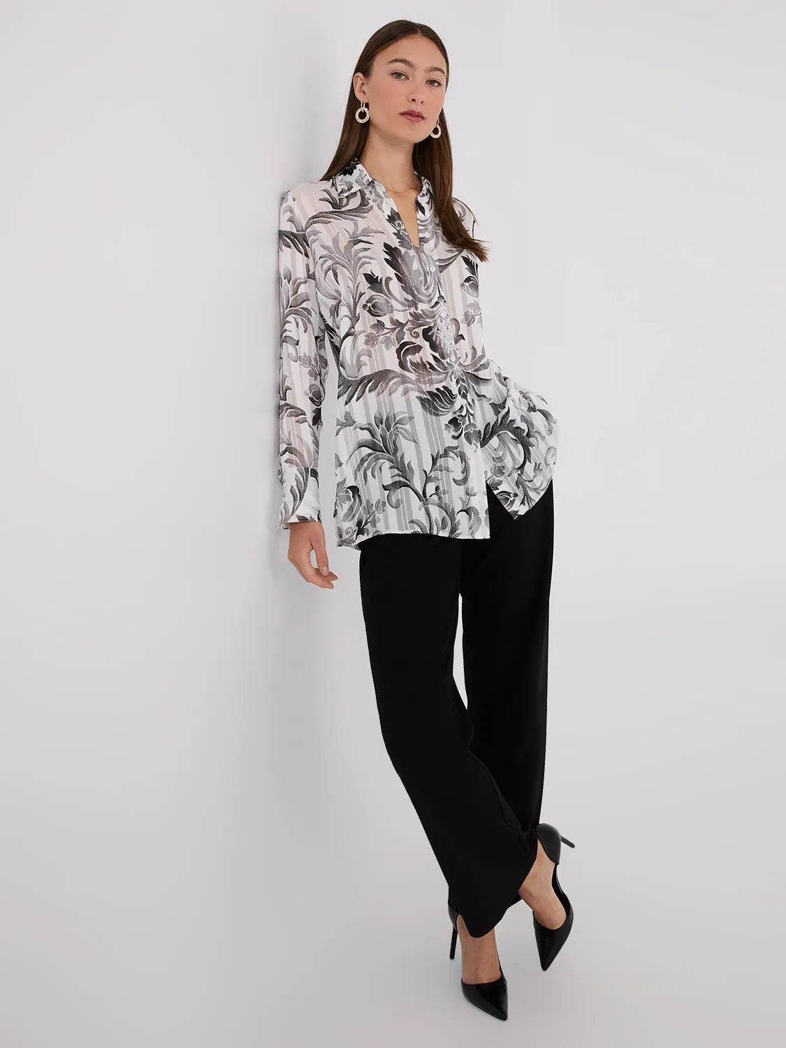 Floral Print Metallic Shadow Stripe Chiffon Blouse