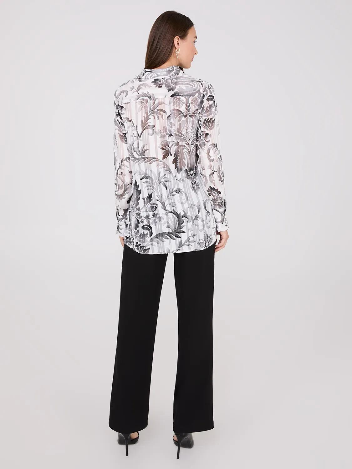 Floral Print Metallic Shadow Stripe Chiffon Blouse