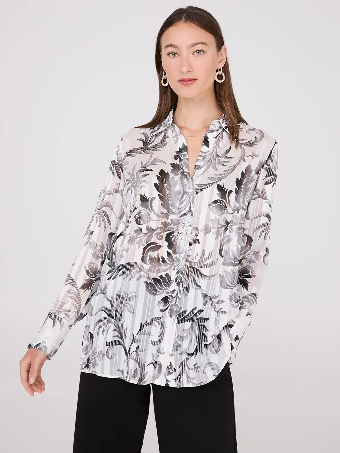 Floral Print Metallic Shadow Stripe Chiffon Blouse