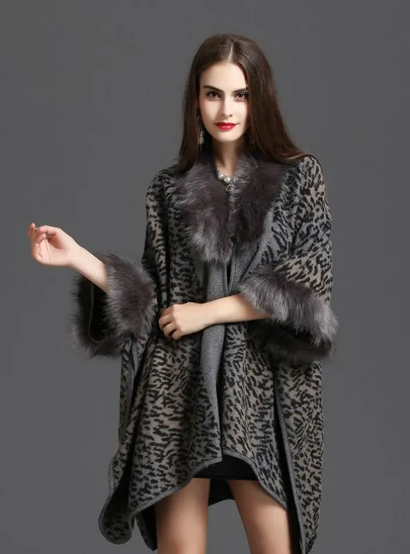 FOX LIKE FUR COLLAR PRINTED KNITTED CARDIGAN SHAWL CAPE