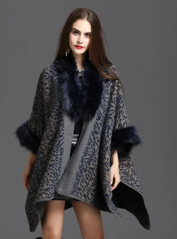 FOX LIKE FUR COLLAR PRINTED KNITTED CARDIGAN SHAWL CAPE