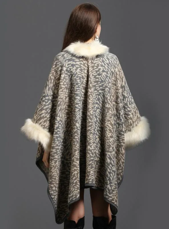 FOX LIKE FUR COLLAR PRINTED KNITTED CARDIGAN SHAWL CAPE