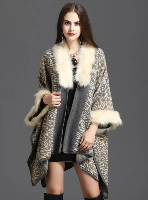 FOX LIKE FUR COLLAR PRINTED KNITTED CARDIGAN SHAWL CAPE