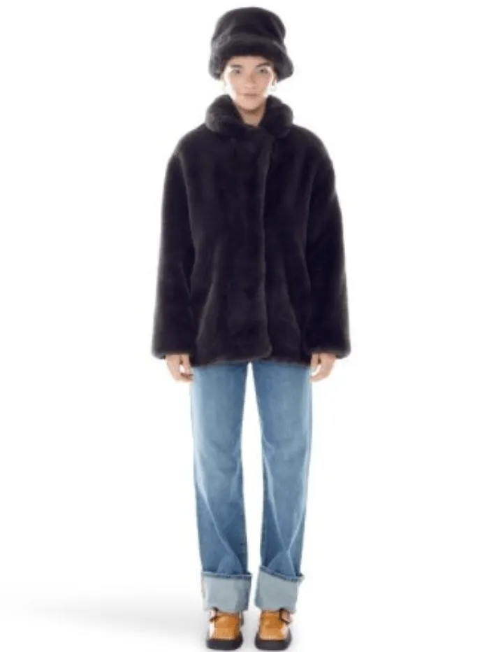 Freed Riley Faux Fur Hip Length Coat In Coal Black