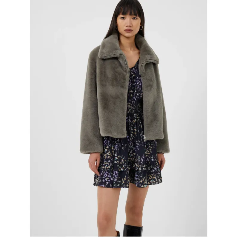 French Connection Buona Faux Fur Zip Through Jacket - Warm Graphite