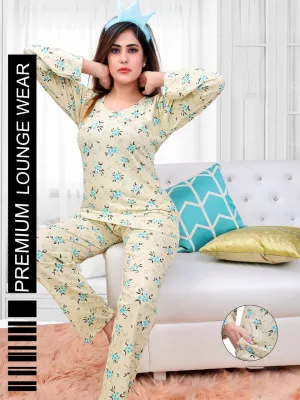 Full Sleeves Yellow Printed Hosiery Cotton Night Suit for Women