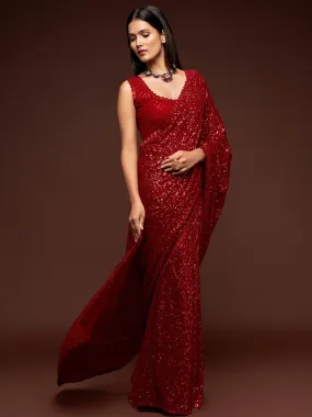 Fully Sequined Party Red Georgette Designer Saree