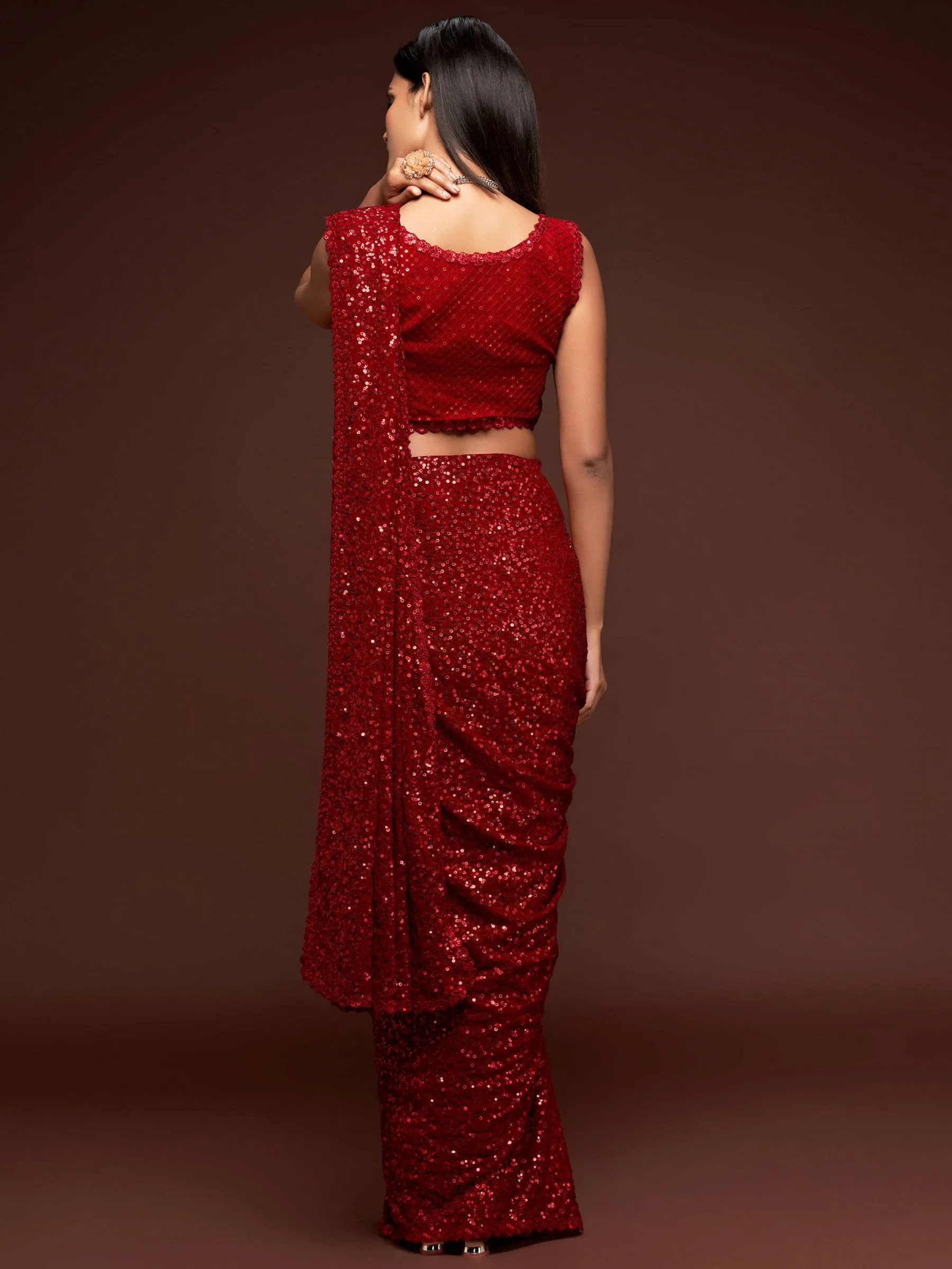 Fully Sequined Party Red Georgette Designer Saree