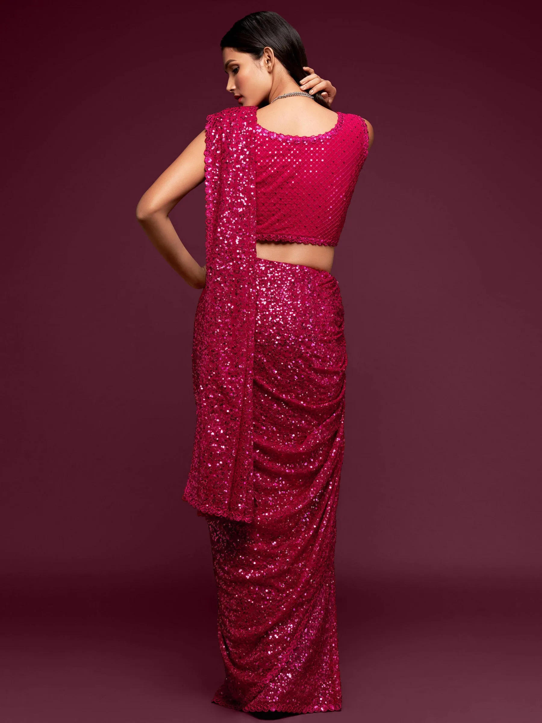 Fully Sequined Ruby Pink Georgette Designer Saree