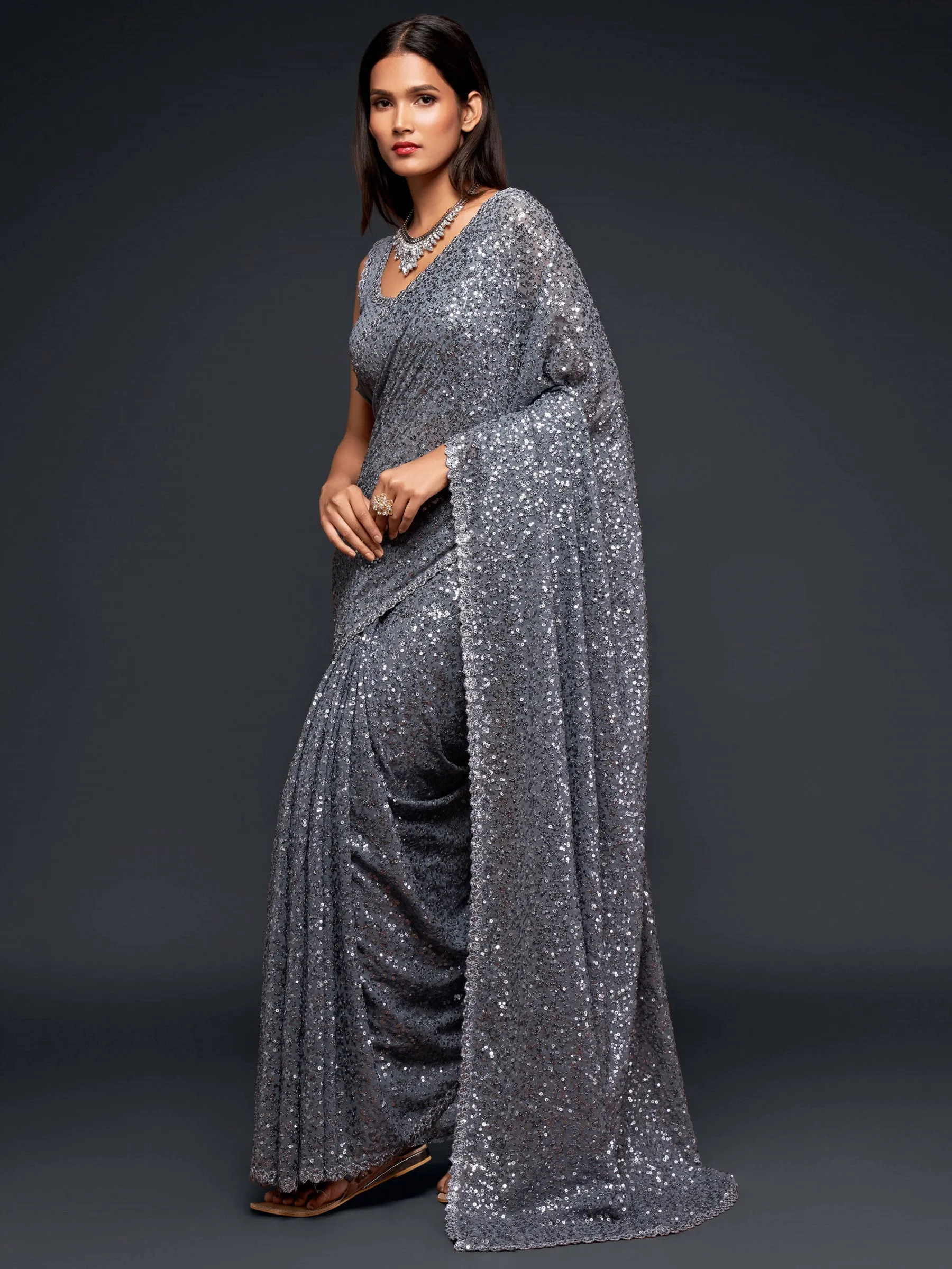 Fully Sequined Steel Grey Georgette Designer Saree