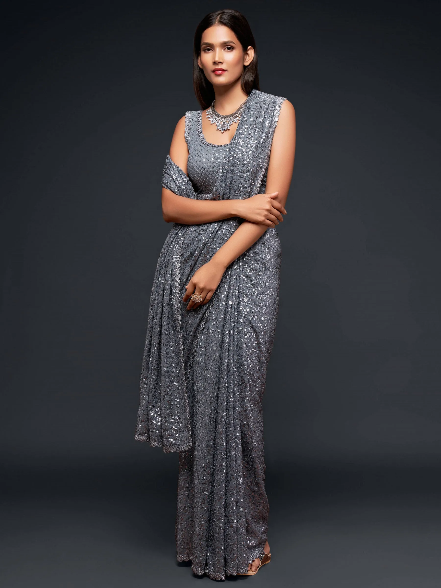 Fully Sequined Steel Grey Georgette Designer Saree