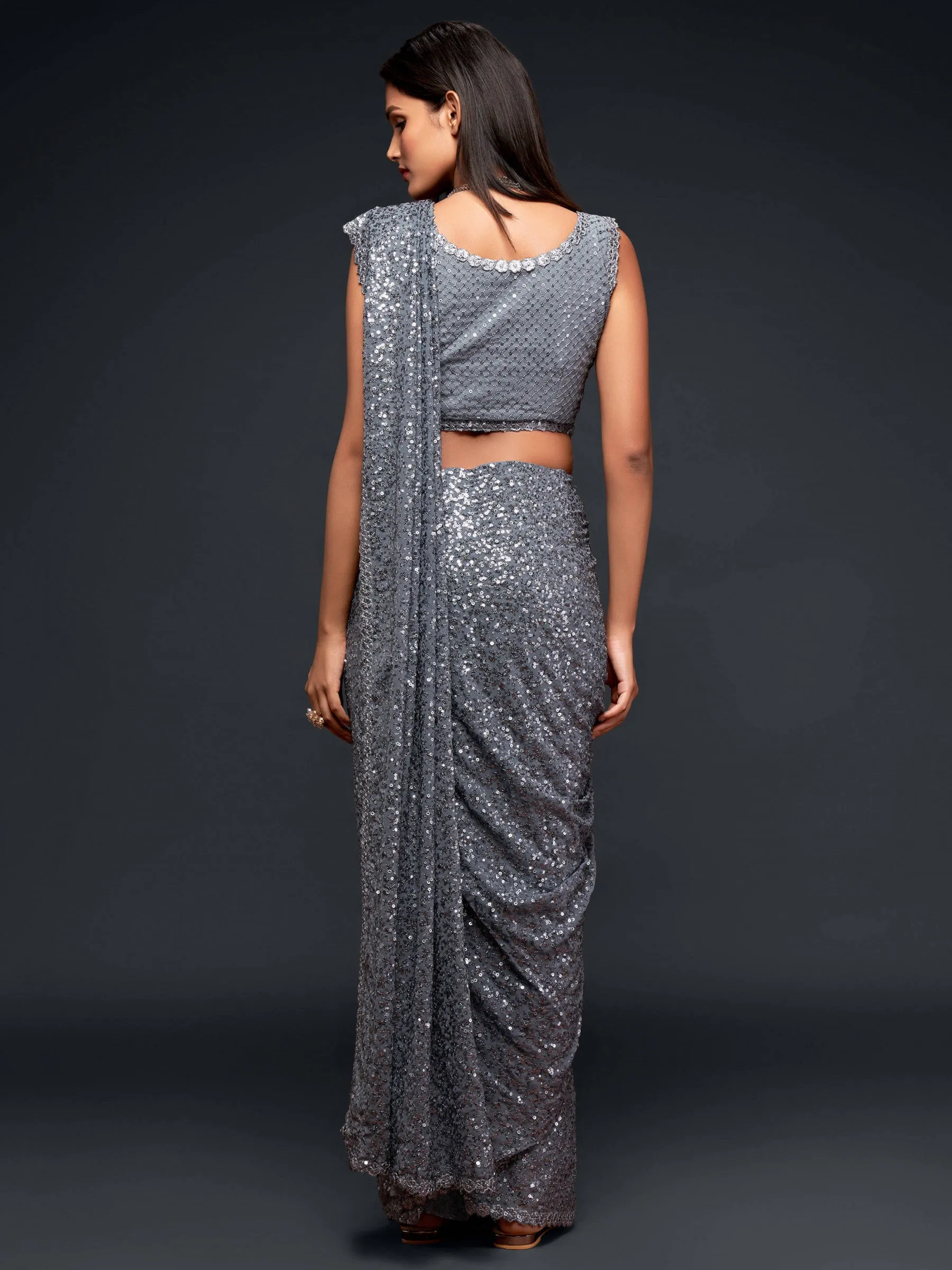 Fully Sequined Steel Grey Georgette Designer Saree