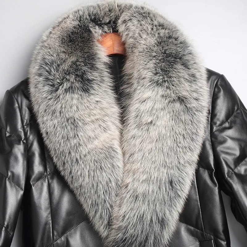 Genuine Leather Duck Down Real Fox Fur Collar Coats