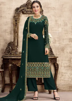 Georgette Teal Green Heavy Embroidered Palazzo Suit