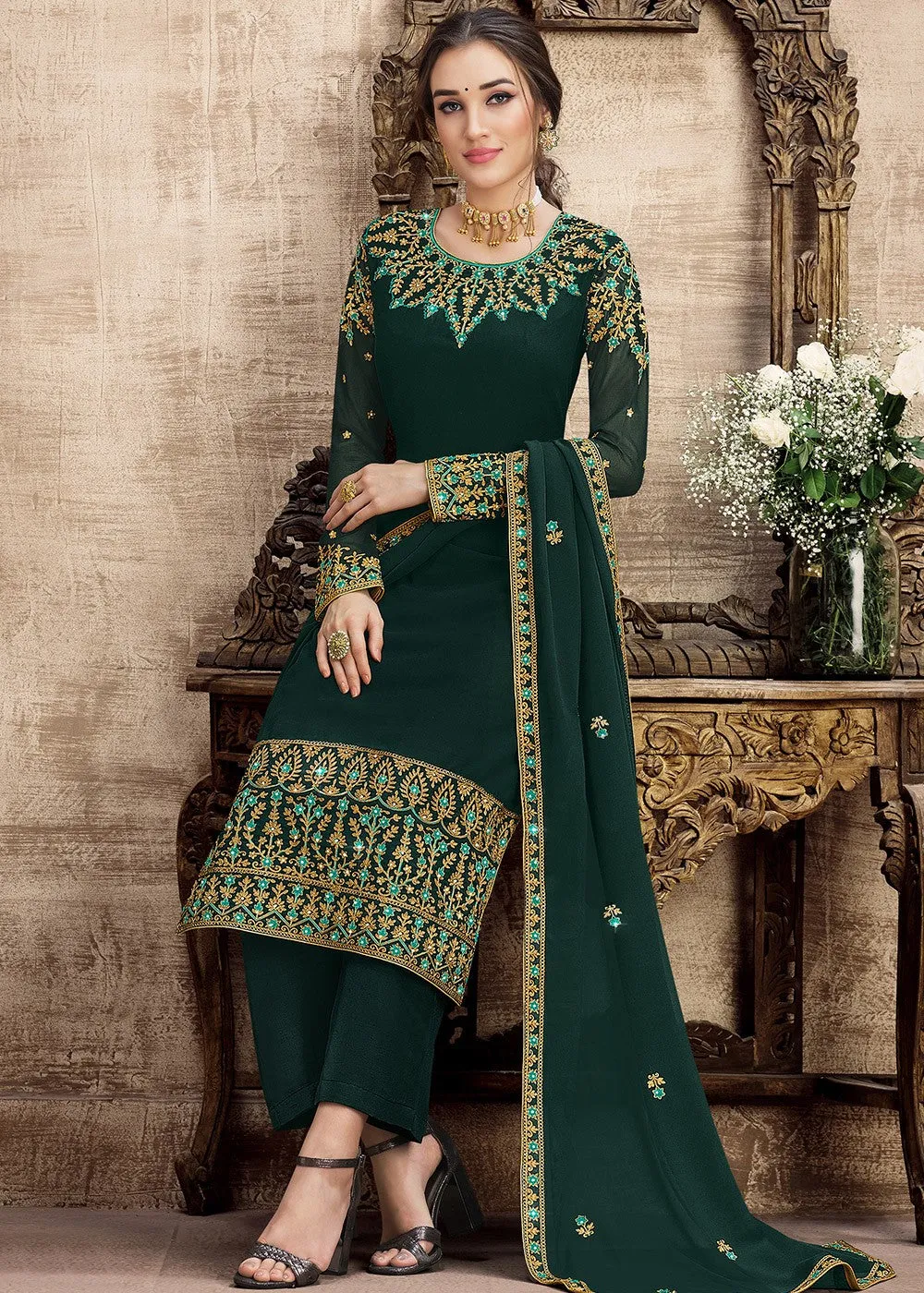 Georgette Teal Green Heavy Embroidered Palazzo Suit