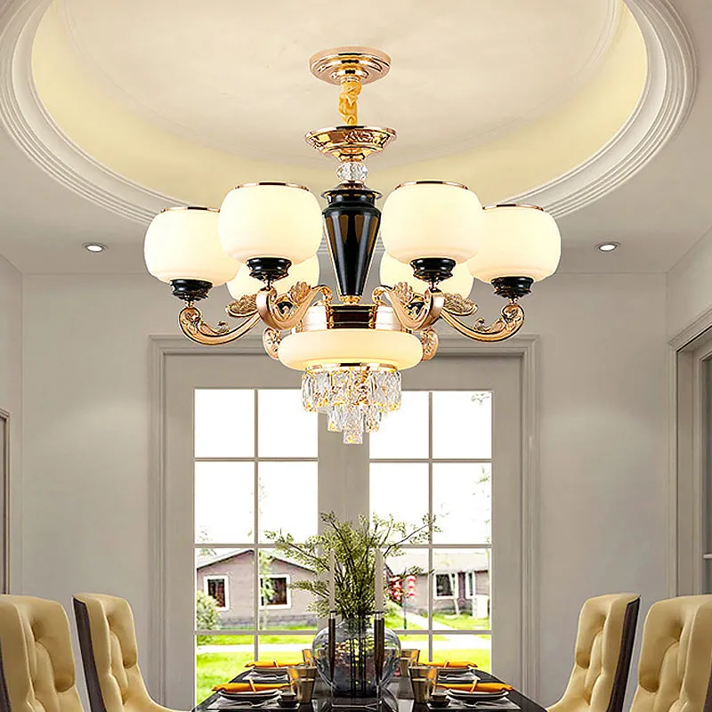 Gold Crystal Block Chandelier with 3 layers and 6 lights - perfect centerpiece for your sitting room