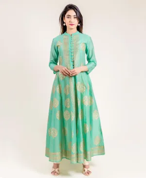 Green Chanderi Anarkali Long Dress with Front Slit