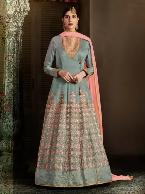 Grey And Pink Embroidered Anarkali Suit