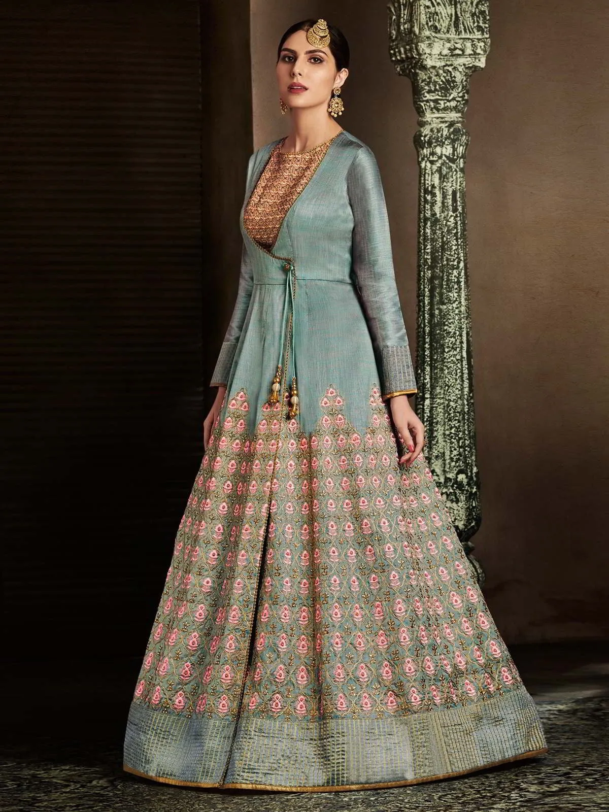 Grey And Pink Embroidered Anarkali Suit