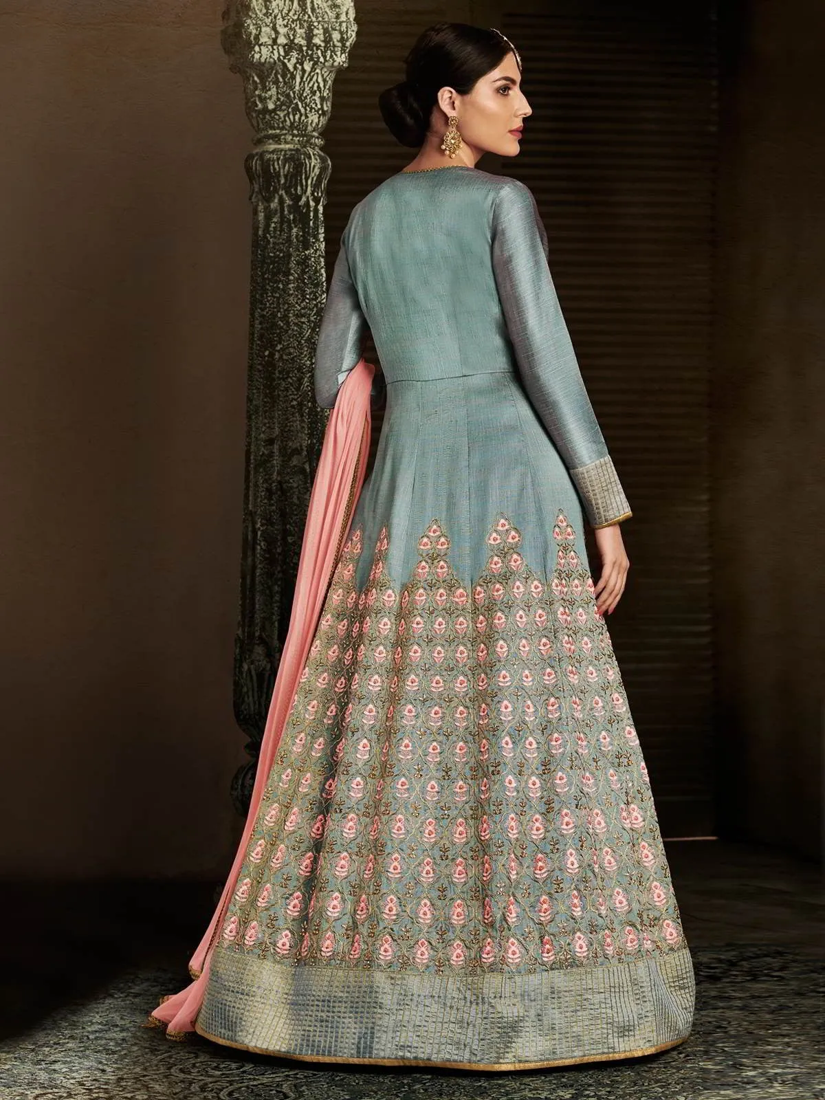 Grey And Pink Embroidered Anarkali Suit