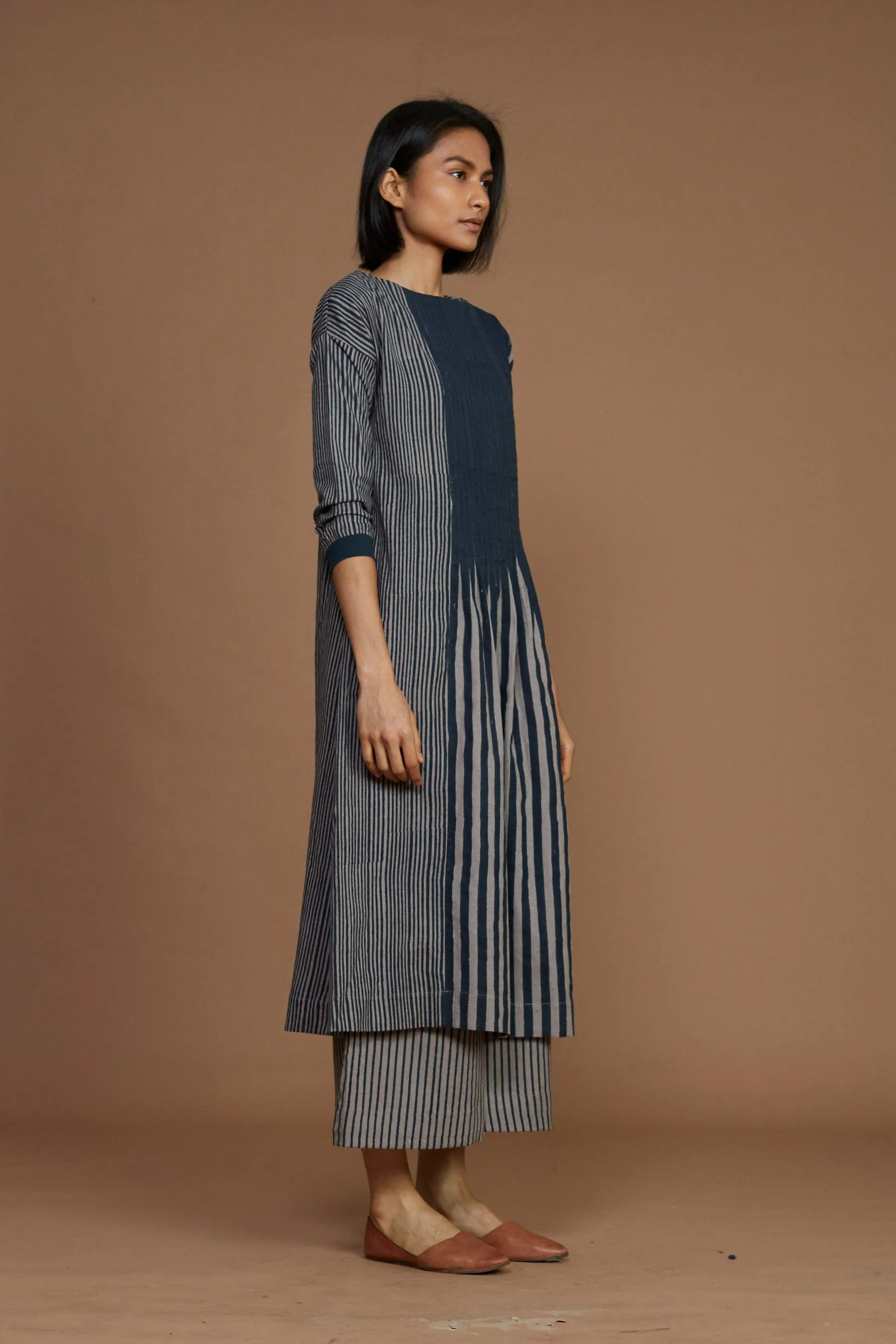 Grey With Charcoal Striped Pleated Co-Ord Set