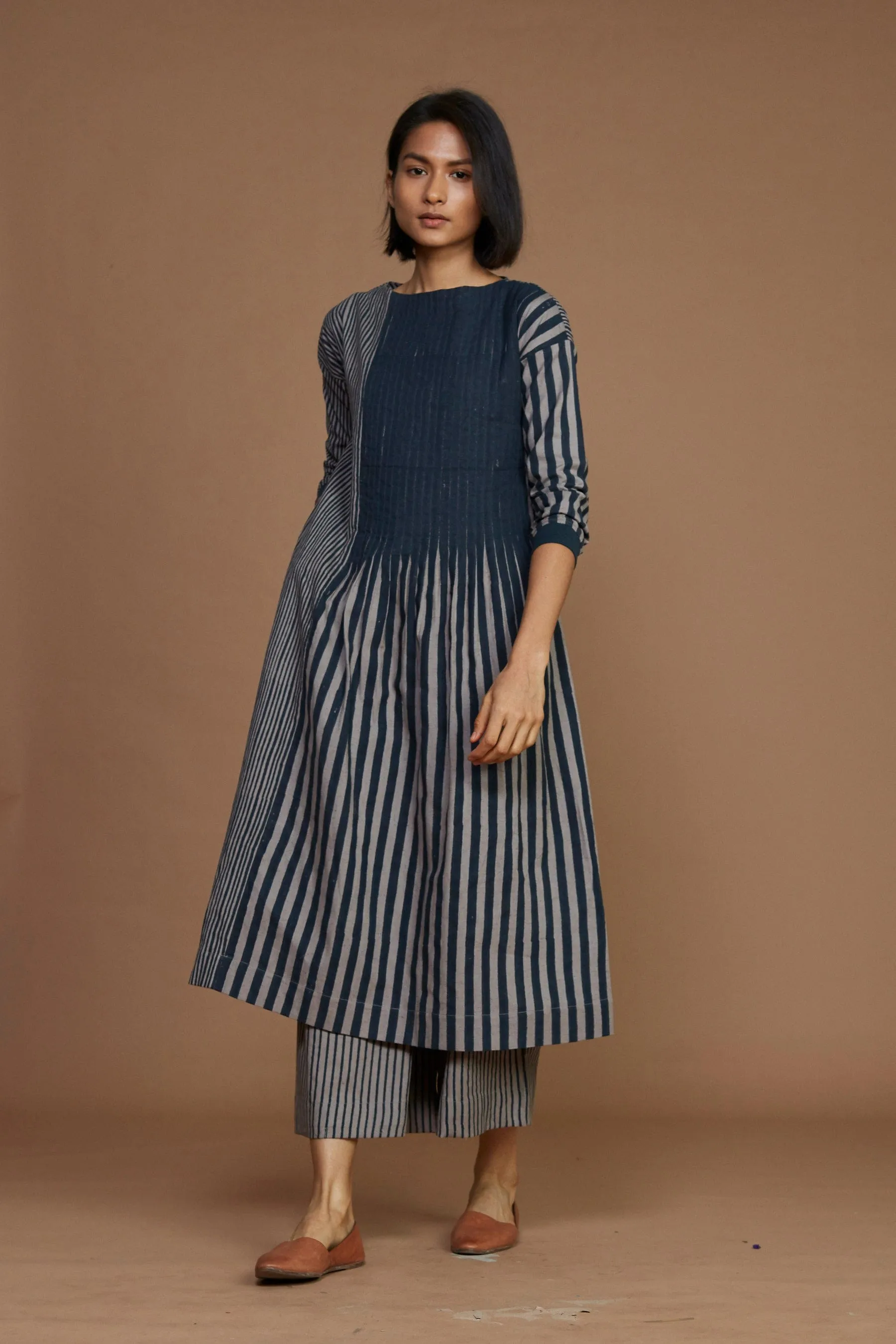 Grey With Charcoal Striped Pleated Co-Ord Set