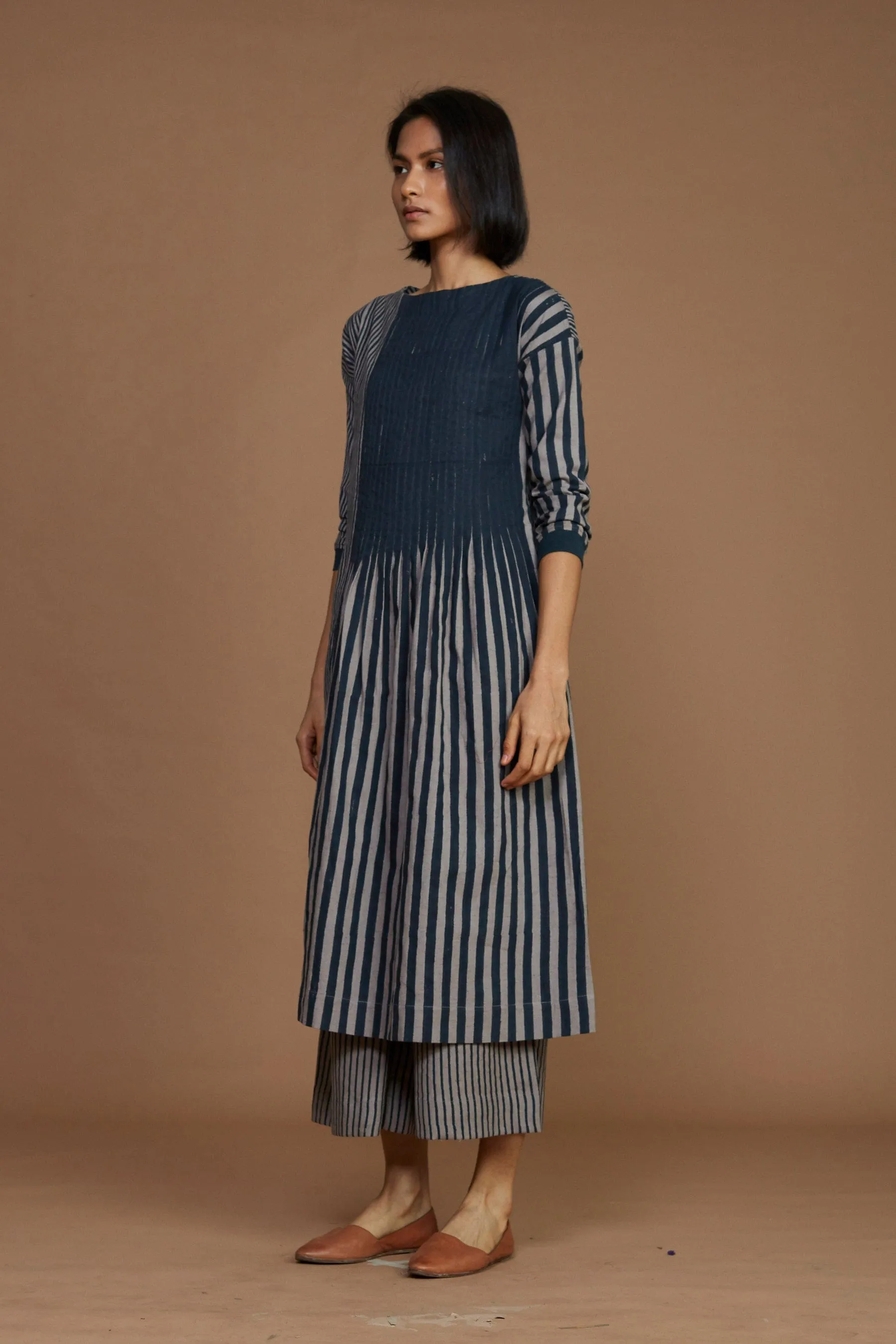 Grey With Charcoal Striped Pleated Co-Ord Set