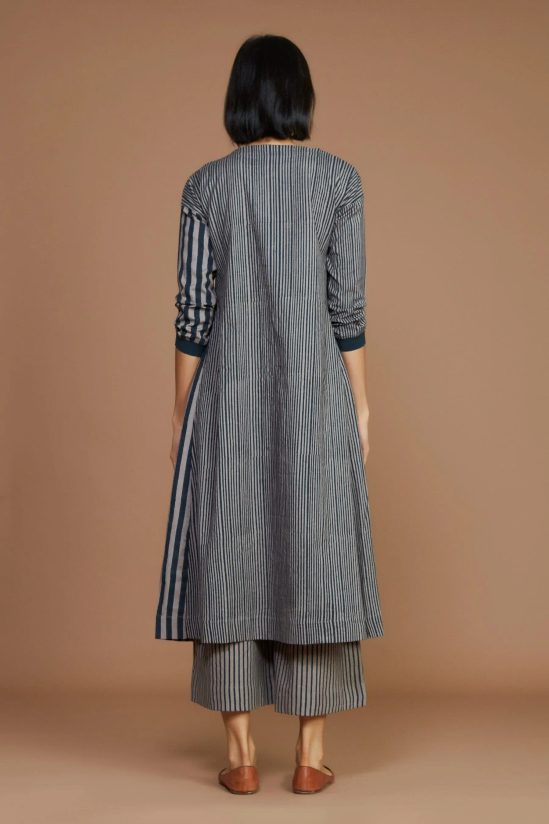 Grey With Charcoal Striped Pleated Dress