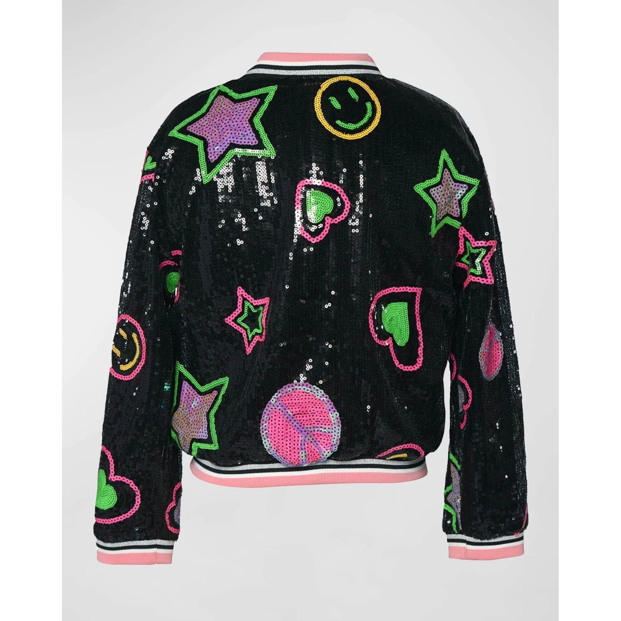 Hannah Banana Girl's Sequin Star & Happy Face-Print Bomber Jacket