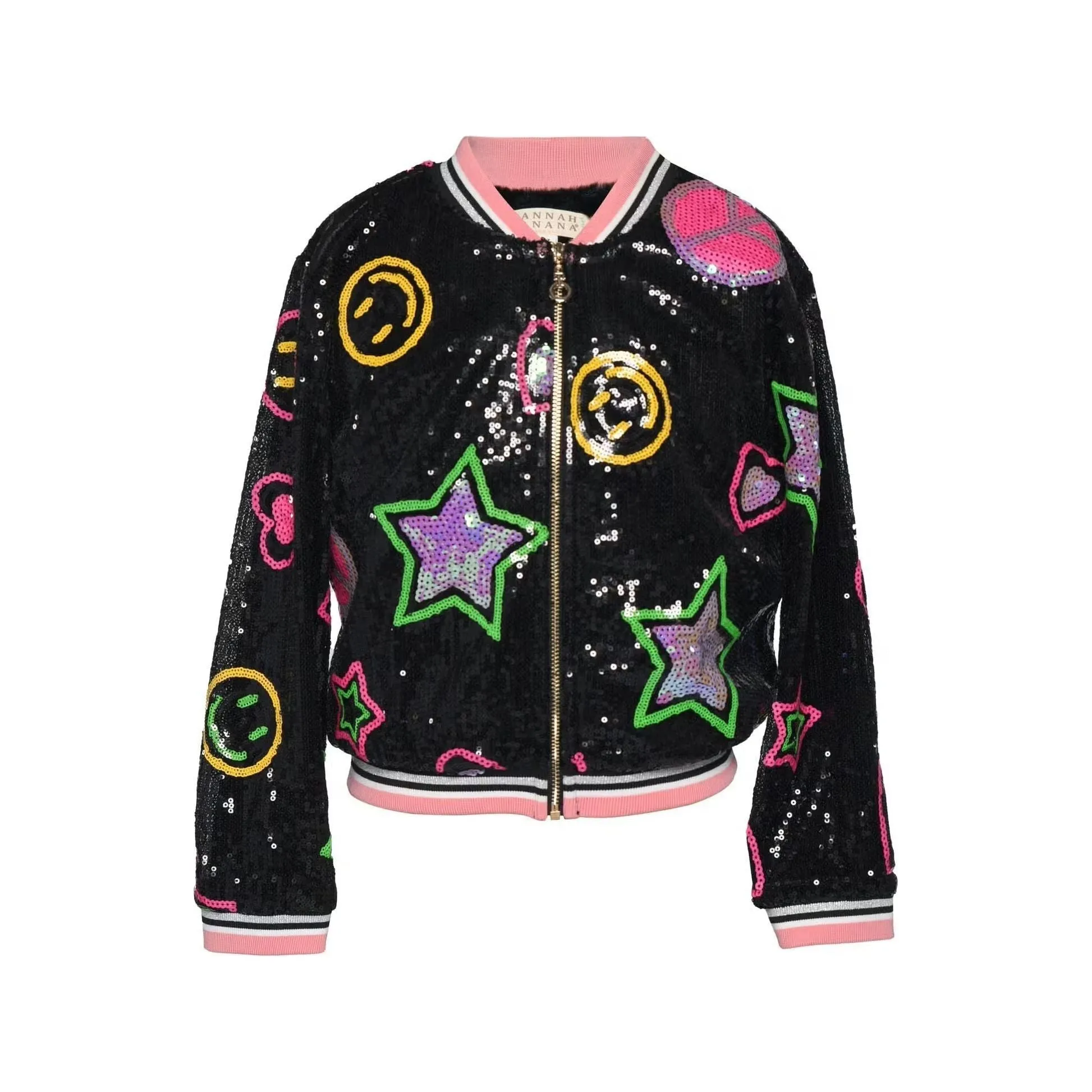 Hannah Banana Girl's Sequin Star & Happy Face-Print Bomber Jacket