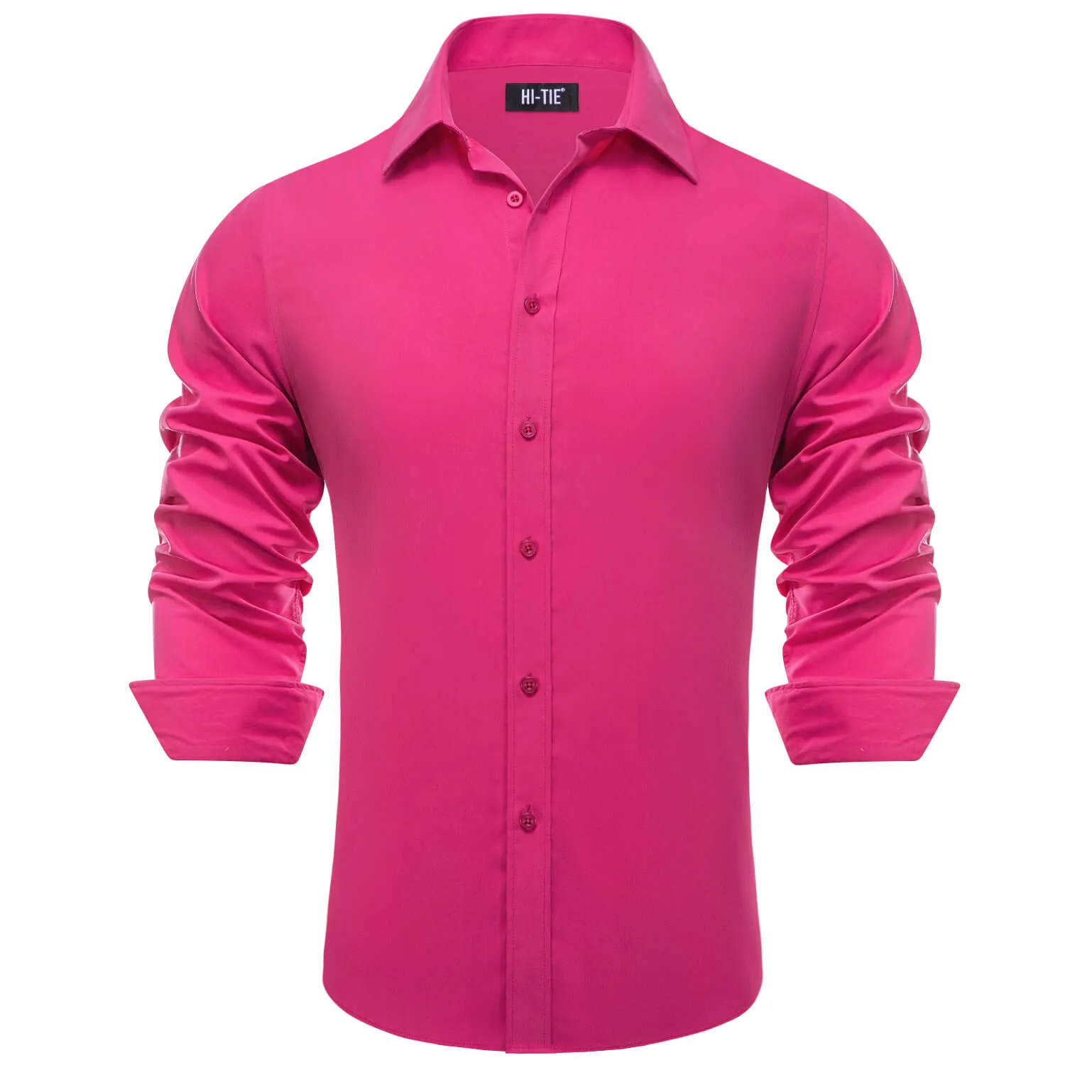 Hi-Tie Mens Dress Shirt Hot Pink Solid Silk Button Down Shirt