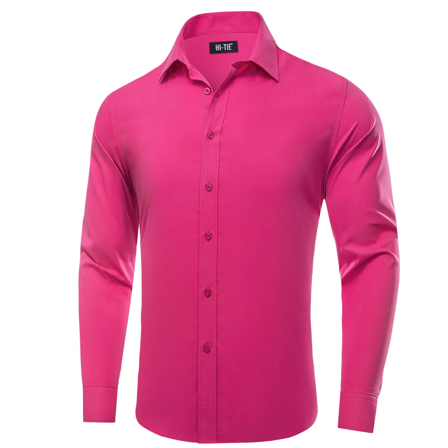 Hi-Tie Mens Dress Shirt Hot Pink Solid Silk Button Down Shirt