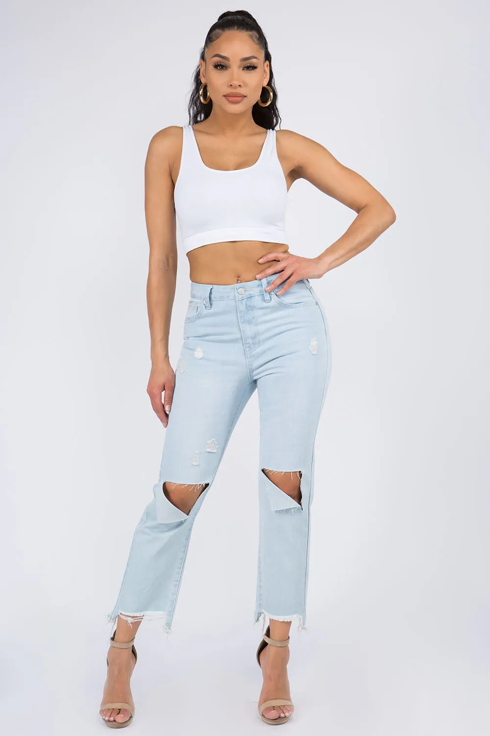 High Waist Distressed Raw Hem Jeans