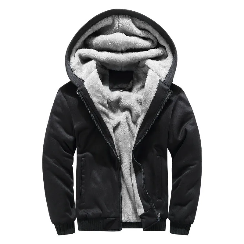 HOODED AUTUMN AND WINTER MEN'S BASEBALL JACKET, MEN'S OUTERWEAR, SPORT WITH THICK FLEECE