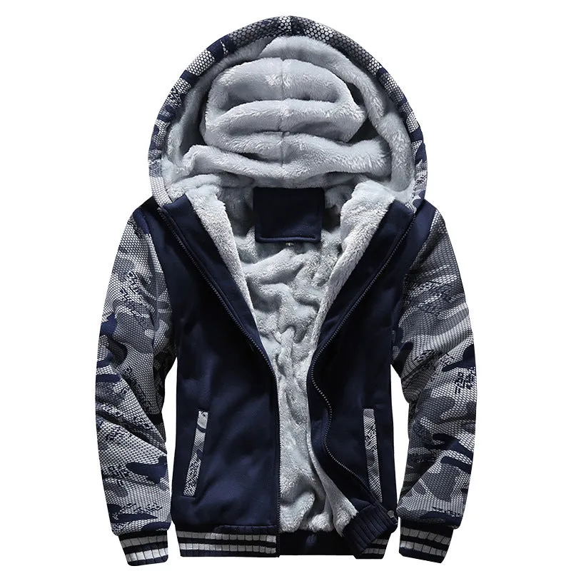 HOODED AUTUMN AND WINTER MEN'S BASEBALL JACKET, MEN'S OUTERWEAR, SPORT WITH THICK FLEECE